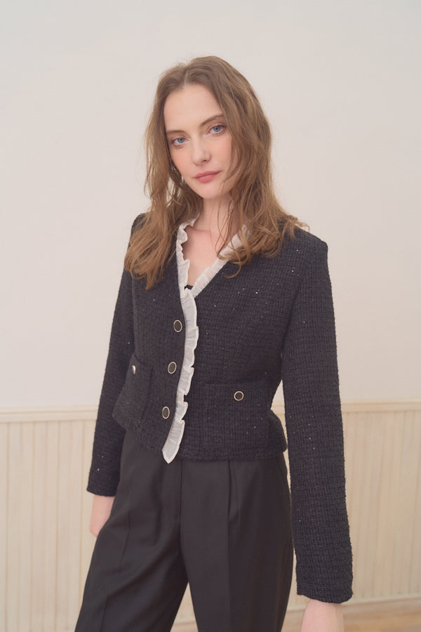 Sheer frill tweed jacket  -Black-